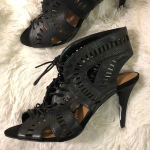 Black lace heeled sandals